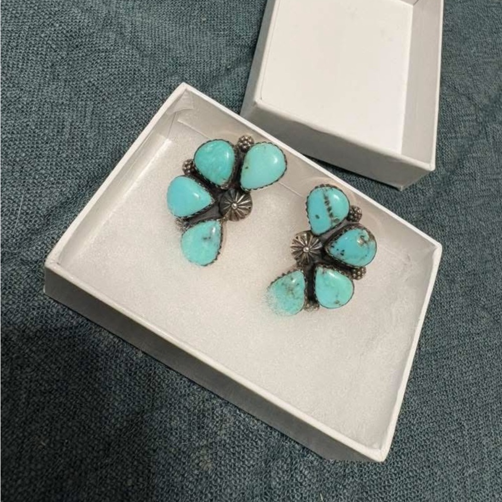 Turquoise Silver Floral Earrings Stamped